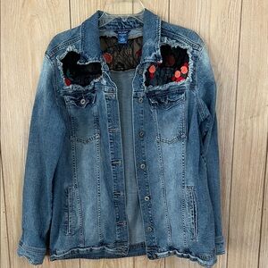 Arizona Denim Jacket with Black Lace and Red Rose Embroidery